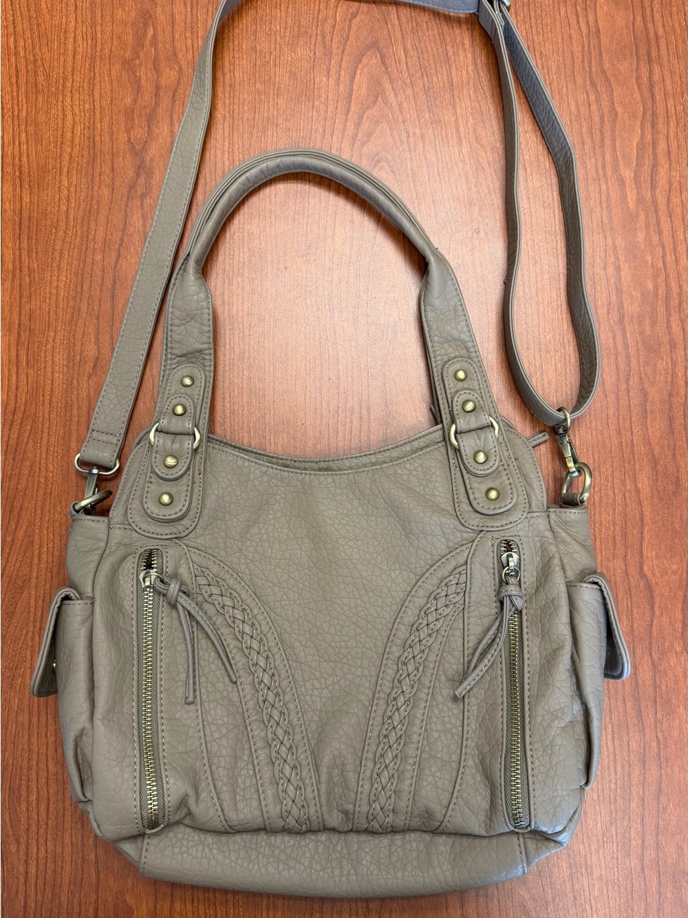 Montana West Taupe Gray Braided Satchel Crossbody Shoulder Bag Multi Pocket